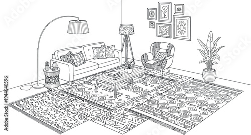 Detailed hand-drawn line art depicting a stylish and cozy modern living room interior, featuring a sofa, armchair, coffee table, lamps, plants, and layered patterned rugs.