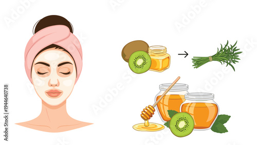 Young woman enjoys a natural facial treatment with a face mask next to healthy ingredients like fresh kiwi and organic golden honey.