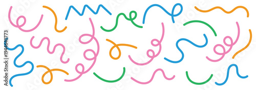 Colorful abstract doodle wavy line shapes, colorful swirls and curves line. squiggle color wave confetti, cute carnival confetti ribbons . 