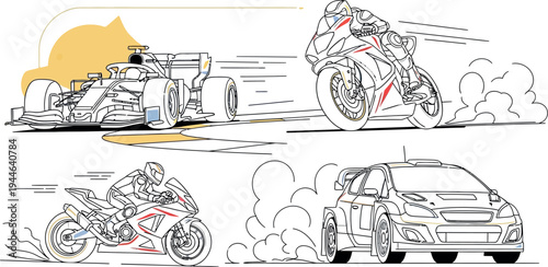 Collection of high speed racing vehicles featuring an open wheel formula car and motorcycles in dynamic motion