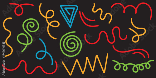 Colorful abstract doodle wavy line shapes, colorful swirls and curves line. squiggle color wave confetti, cute carnival confetti ribbons . 