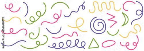 Colorful abstract doodle wavy line shapes, colorful swirls and curves line. squiggle color wave confetti, cute carnival confetti ribbons . 