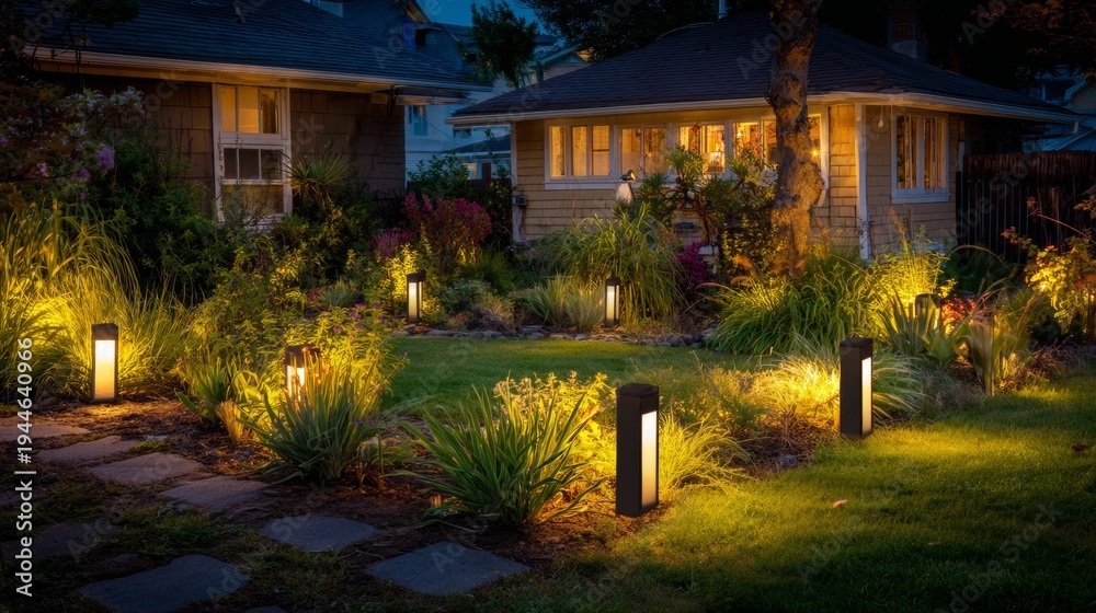 Obraz premium garden at night with warm lighting