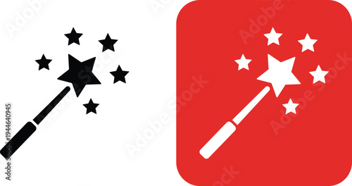 Black and white magic wand with stars on white background and red magic wand with stars on red background