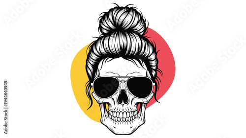 Edgy graphic design features a human skull with a stylish hair bun wearing dark aviator sunglasses against a colorful abstract backdrop.