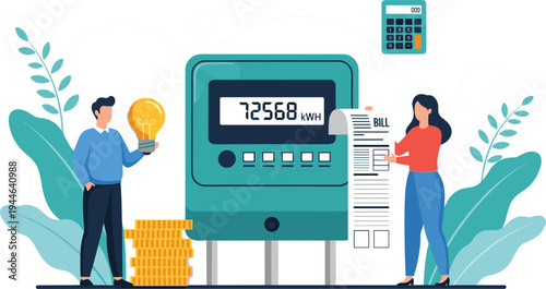 Electricity Meter Reading and Bill Payment, Concept Illustration for Energy Consumption and Utilities"