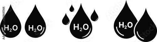 Black H2O water drops with chemical formula on white background liquid science