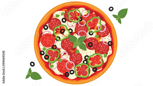 Delicious whole pepperoni pizza is viewed from above with fresh toppings like green bell peppers and black olives on a golden crust.