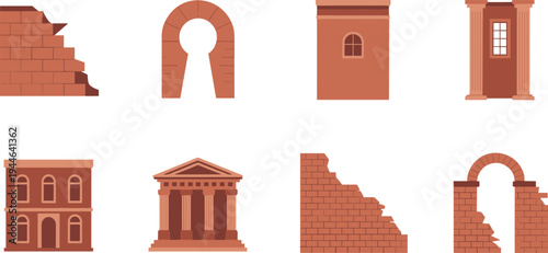 Ancient ruins architecture icons set, brick wall arch temple column historic building landmark archaeological structures flat vector illustration