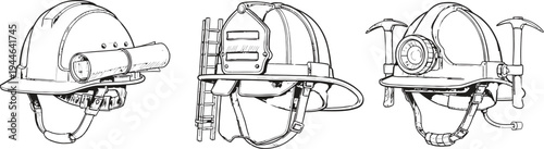 Vintage miner helmet set illustration, detailed mining hard hat with lamp and tools engraving style isolated background