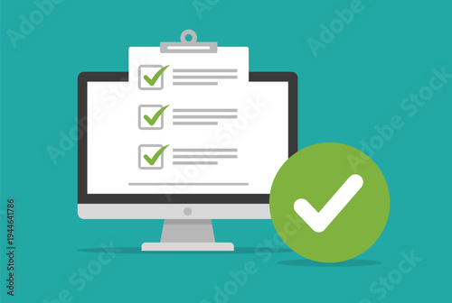Computer screen displaying checklist with green checkmarks and large green checkmark monitor