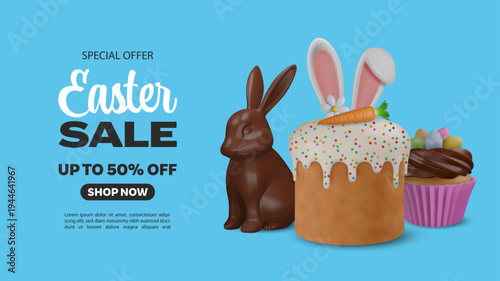easter bake sale banner with chocolate rabbit, easter cake and cupcake with easter eggs