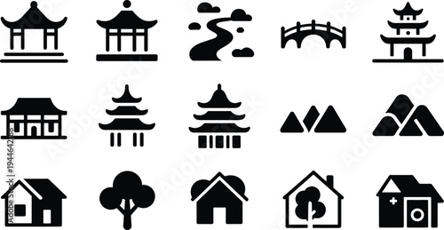 Asian architecture icon set, pagoda temple bridge mountain house tree symbols, oriental landscape silhouette collection vector isolated design
