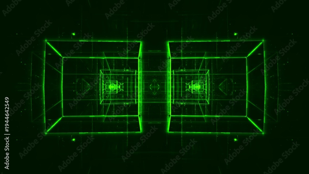 Fototapeta premium Futuristischer digitaler Raum - grün leuchtende Rechtecke in dynamischer Perspektive, virtuelle Realität, unendliche Möglichkeiten, Zukunftsvision, Technologie, Vernetzung, Sci-Fiction, Forschung 