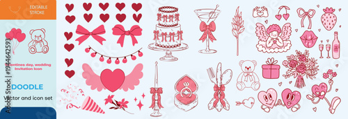 Set of hand drawn coquette elements for Valentines day, wedding invitation, birthday card. Cute girly bows, ribbons, cherry, cake, toy bear, cocktail, rose, strawberry. Vintage vector illustration