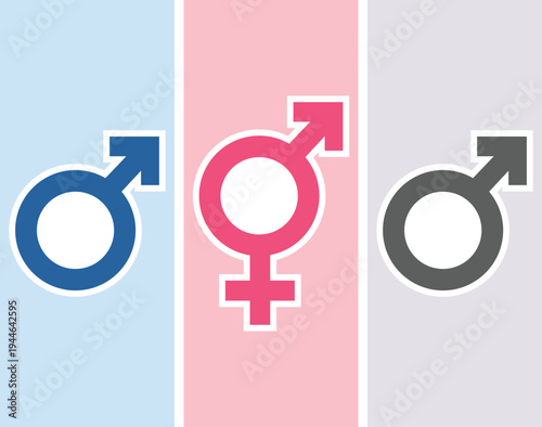 Three gender symbols male female and gender neutral in blue pink and gray male symbol female symbol