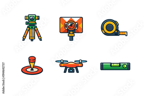 This set of six colorful flat icons features professional land surveying tools such as a total station, mapping drone, tape measure, and spirit level against a black background.