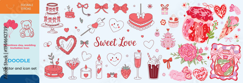 Set of hand drawn coquette elements for Valentines day, wedding invitation, birthday card. Cute girly bows, ribbons, cherry, cake, toy bear, cocktail, rose, strawberry. Vintage vector illustration