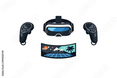 This vector illustration features a black virtual reality headset, two handheld controllers, and a curved screen displaying a stylized digital landscape on a dark background.