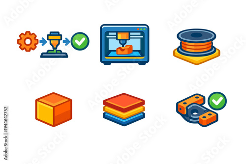 A set of six colorful icons representing the 3D printing process, including a printer machine, filament spool, layered cube, and finished mechanical parts with checkmarks.