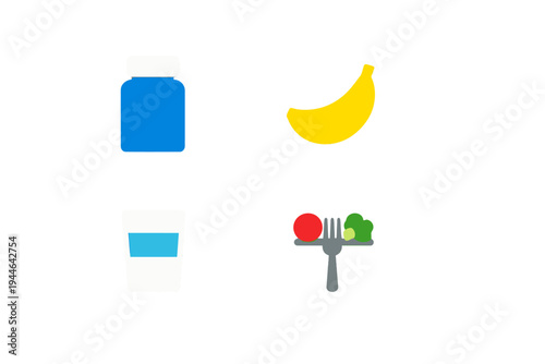 This set of four flat design icons features a blue supplement bottle, a ripe yellow banana, a glass of water, and a fork holding a red tomato and green broccoli on a black background.