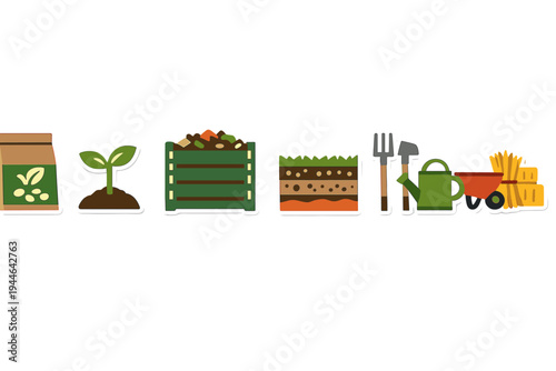 A collection of flat gardening icons including a seed packet, a growing sprout, a compost bin, soil layers, and various garden tools like a watering can and wheelbarrow on a black background.