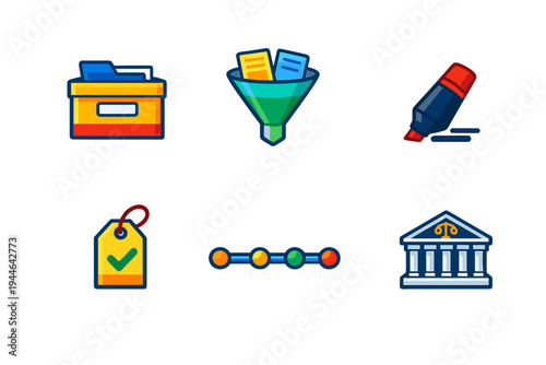 This set of six vibrant flat icons features a file box, a document funnel, a highlighter pen, a price tag with a checkmark, a colorful timeline, and a classical courthouse building.