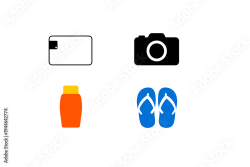 A minimalist illustration featuring summer essentials including blue flip-flops, an orange sunscreen bottle, a white tablet, and a life ring arranged on a solid black background.