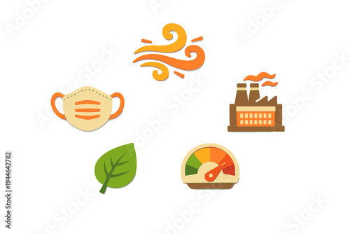 A collection of flat icons representing air quality and environmental issues, including a face mask, a factory emitting smoke, a green leaf, a wind swirl, and a measurement gauge.