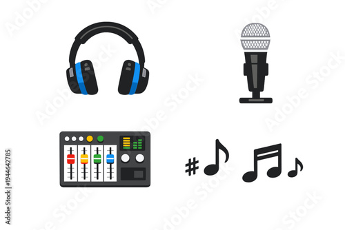 A collection of four audio production icons including black headphones with blue accents, a silver microphone, a digital sound mixer with colorful sliders, and black musical notes.