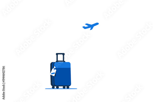 A blue suitcase with a luggage tag stands on a flat surface below a blue airplane icon, set against a solid black background. This minimalist illustration represents travel and flight.