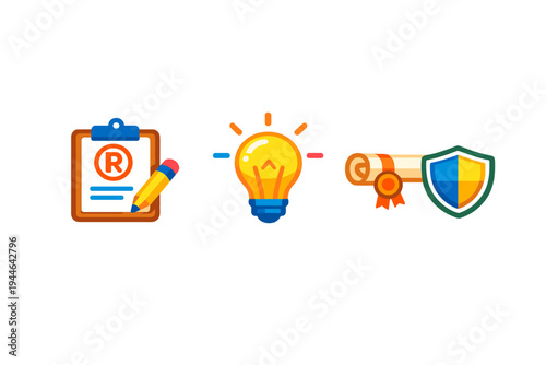 Three colorful icons representing intellectual property rights including a registered trademark clipboard, a glowing lightbulb for ideas, and a protected patent certificate.