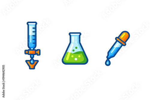 A collection of three laboratory glassware icons featuring a burette, a flask with bubbling green liquid, and a pipette with a blue drop, presented in a colorful flat design style.