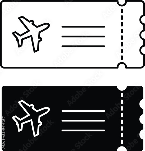 Two simple line airplane tickets one white one black with dashed perforation lines travel ticket
