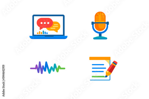 A set of four colorful flat icons representing digital communication, podcasting, audio recording, and note-taking, displayed on a solid black background for clarity.