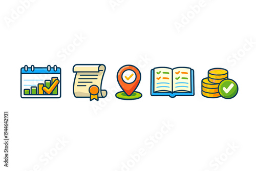 A set of five colorful business and productivity icons featuring a calendar with a chart, a certificate scroll, a location pin, an open book, and a stack of gold coins on a black background.