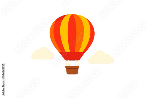 A vibrant hot air balloon with red and yellow stripes floats between two fluffy white clouds. This simple flat vector illustration is isolated on a solid black background.