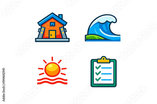 A set of four colorful flat icons featuring a house, a large ocean wave, a sun rising over water, and a green clipboard with checkmarks on a black background.