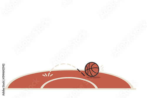 This minimalist vector illustration depicts a basketball bouncing across a red court surface. A dashed line indicates the ball's movement path against a solid black background.