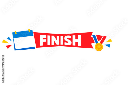 A red banner featuring the word finish in bold white letters is positioned between a blue calendar icon and a gold medal. Colorful confetti shapes accent the design on a dark background.