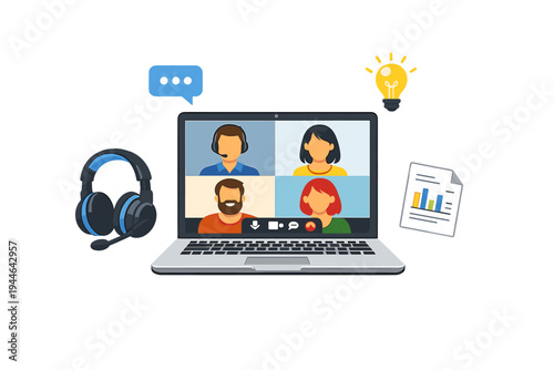 An illustration of a laptop showing a video conference with four participants, surrounded by icons for communication, ideas, data analysis, and a professional headset.