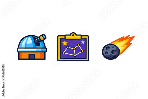 This set of three colorful astronomy icons features an observatory with a telescope, a clipboard displaying a star constellation, and a flaming meteor against a solid black background.