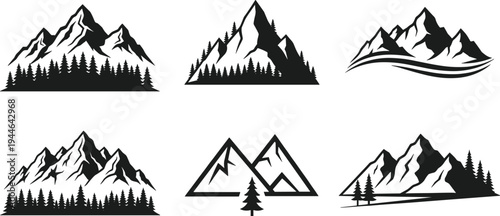 Black and white mountain range vector illustrations with evergreen pine forest silhouettes, minimalist nature icons, and outdoor adventure peak symbols for logo design and camping graphics