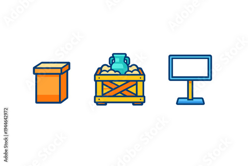 Three colorful icons representing shipping and display items, including an orange box, a wooden crate with a blue vase inside, and a blue informational sign on a stand.