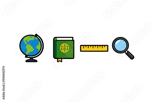 A flat illustration featuring a globe, a green book with a world icon, a yellow ruler, and a magnifying glass arranged horizontally against a solid black background.