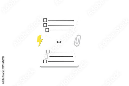 An illustration of an hourglass containing checklists, flanked by a yellow lightning bolt and a grey paperclip on a black background, representing time management and productivity.