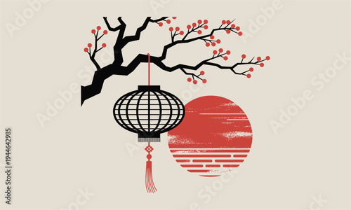 Vector illustration of cherry blossom tree, lantern, and sun