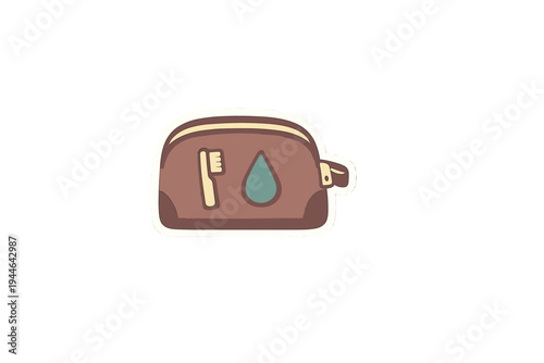 A simple cartoon illustration of a brown toiletry bag featuring a toothbrush and a water drop icon. The pouch has a white border and is set against a solid black background.