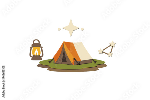 A 3D paper-cut style graphic shows a small orange and white tent pitched on grass, accompanied by a lit lantern and celestial stars under a dark night sky.