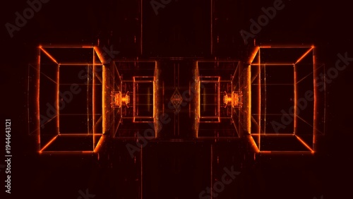 Cuadro en lienzo Futuristischer digitaler Raum - orange leuchtende Rechtecke in dynamischer Persp